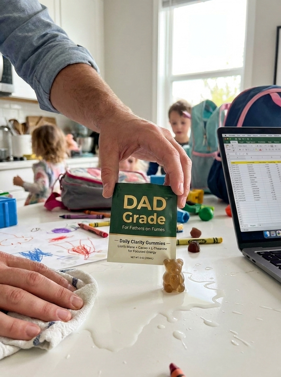 DADGRADE Daily Clarity Gummies single-serve sachet on a busy kitchen counter